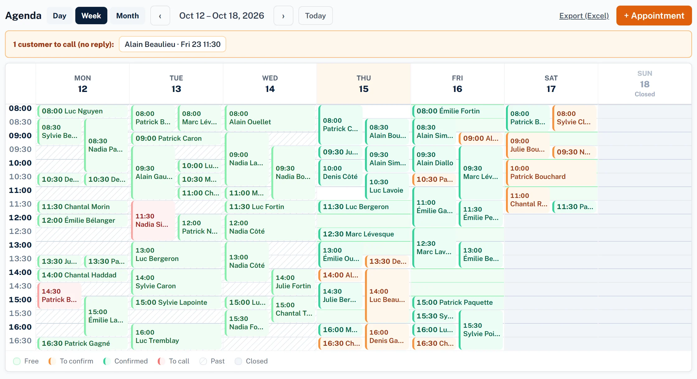 Weekly calendar in Garago for a two-bay shop: confirmed appointments in green, to confirm in orange, to call in red