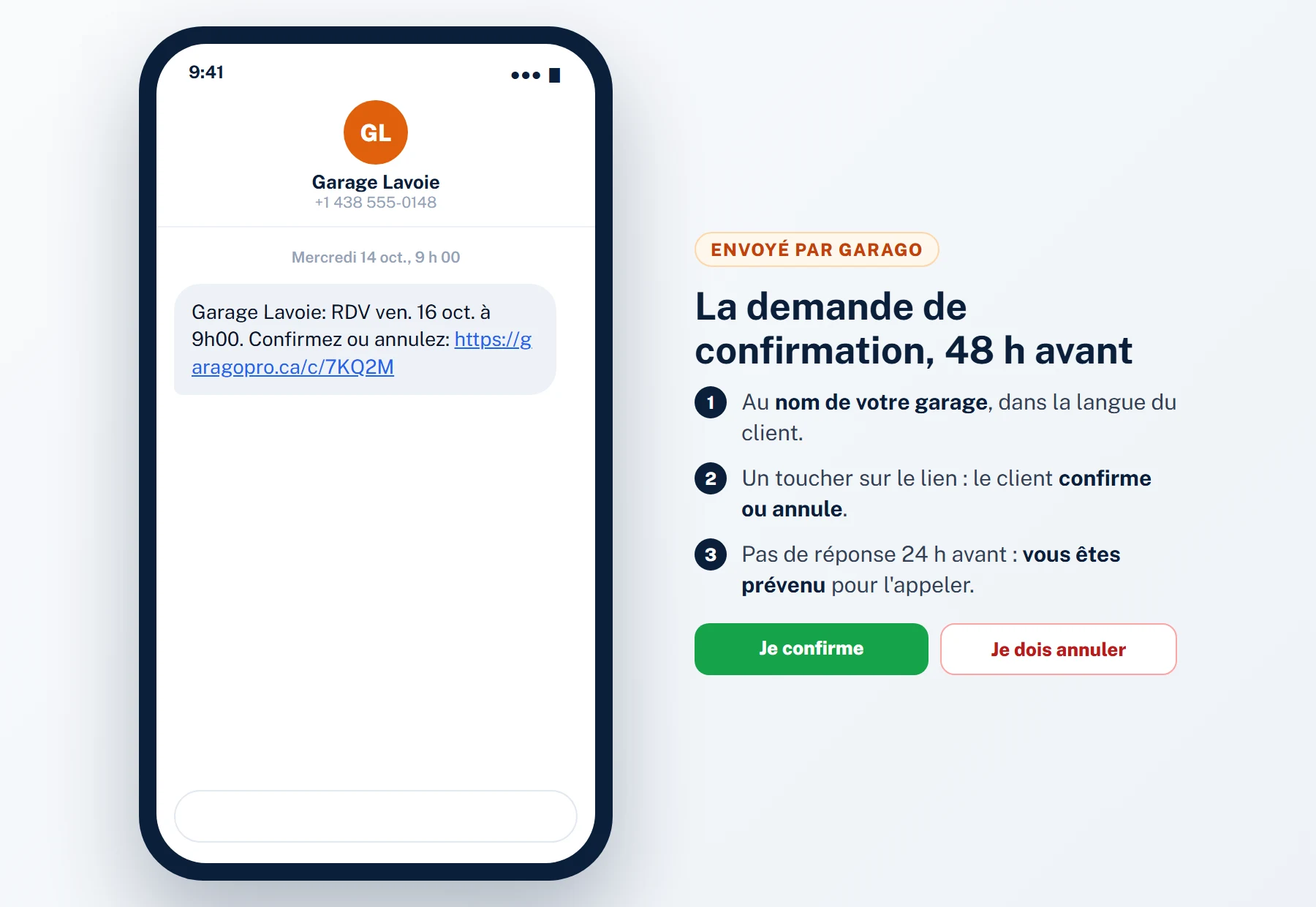 Texto de Garago au nom du Garage Lavoie : rendez-vous le vendredi 16 octobre à 9 h, avec un lien pour confirmer ou annuler